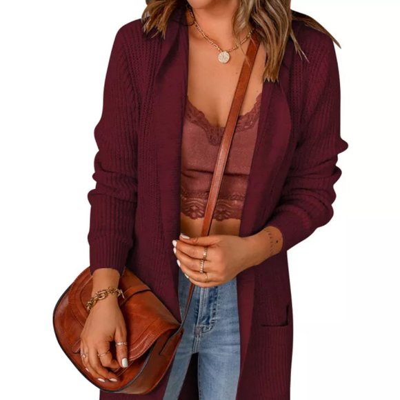 Sweaters - Hooded Knit Cardigan Jacket Burgundy